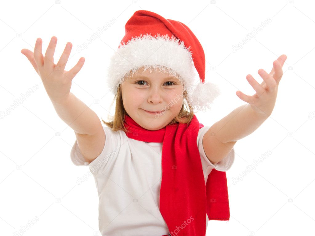 Happy Christmas child pulls the hands upward on a white background.