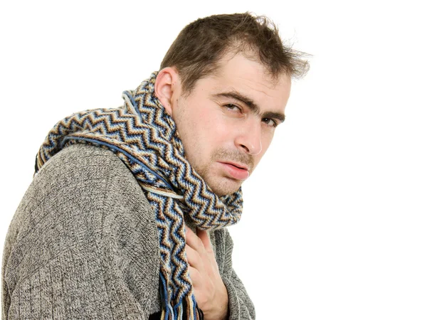 Kranker Mann mit Schal auf weißem Hintergrund. — Stockfoto