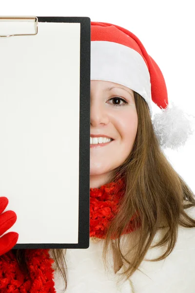 Joyeux Noël femme avec tablette à la main sur fond blanc . — Photo