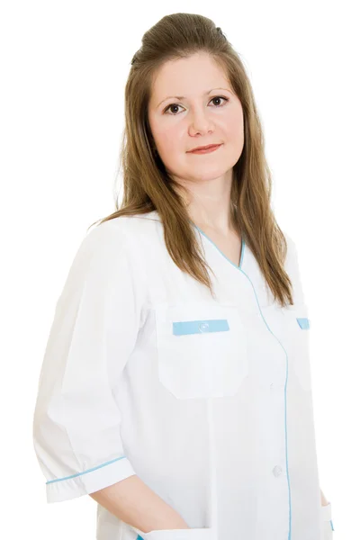 흰색 바탕에 웃는 여성 의사. — 스톡 사진