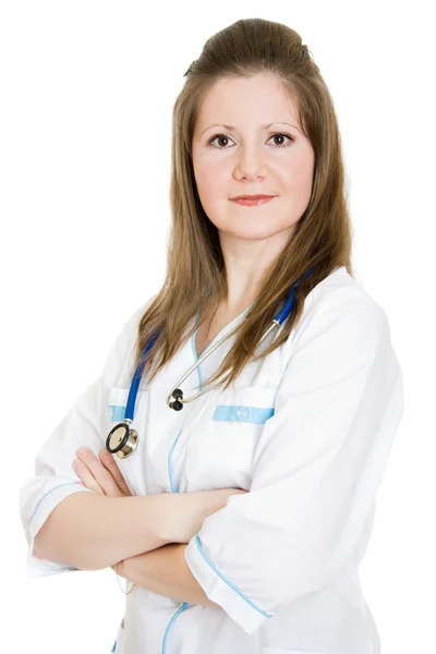 Kobieta lekarz uśmiechający się na białym tle. — Zdjęcie stockowe