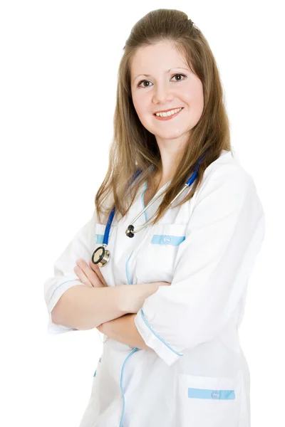 Γυναίκα γιατρό χαμογελώντας σε άσπρο φόντο. — Φωτογραφία Αρχείου