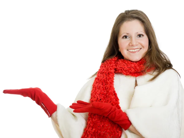 Frohe Weihnachten zeigt eine Frau auf weißem Hintergrund. — Stockfoto
