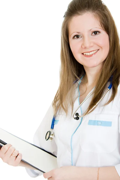 Жінка-лікар, що пише на пластині документа на білому тлі . — стокове фото
