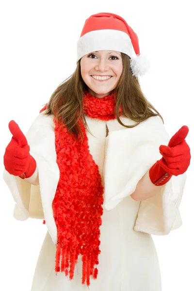 Happy Christmas woman shows okay on a white background. — Stock Photo, Image