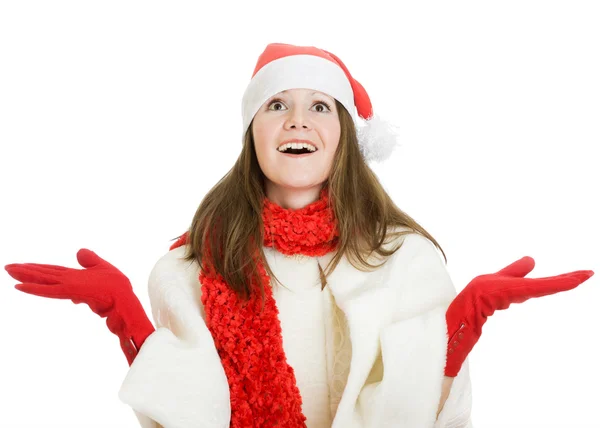 Καλά Χριστούγεννα δείχνει μια γυναίκα σε λευκό φόντο. — Φωτογραφία Αρχείου