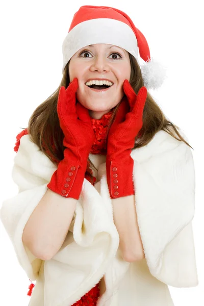 Καλά Χριστούγεννα έκπληξη γυναίκα σε λευκό φόντο. — Φωτογραφία Αρχείου