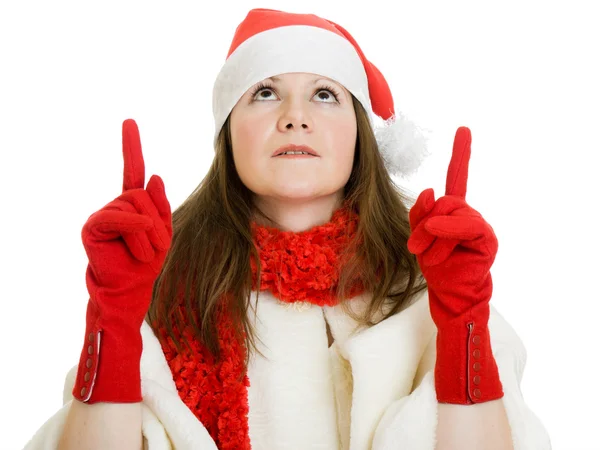 Happy Christmas woman shows up on a white background. — Stock Photo, Image