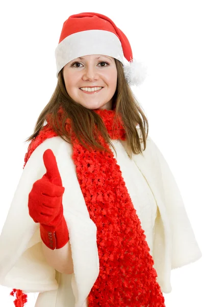 Happy Christmas woman shows okay on a white background. — Stock Photo, Image