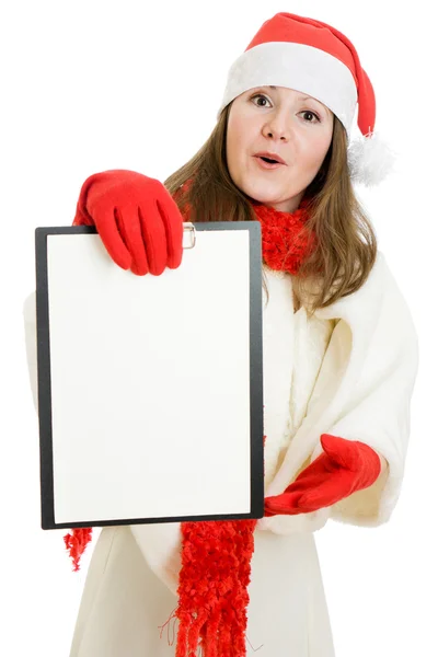 Ευτυχισμένη γυναίκα Χριστούγεννα με δισκίο στο χέρι, σε λευκό φόντο. — Φωτογραφία Αρχείου