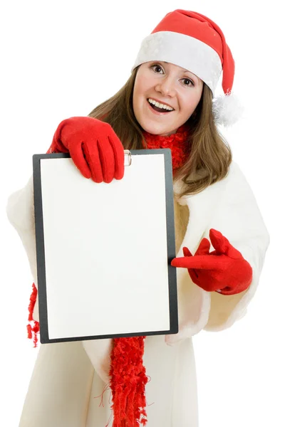 흰색 바탕에 손에 태블릿 행복 한 크리스마스 여자. — 스톡 사진