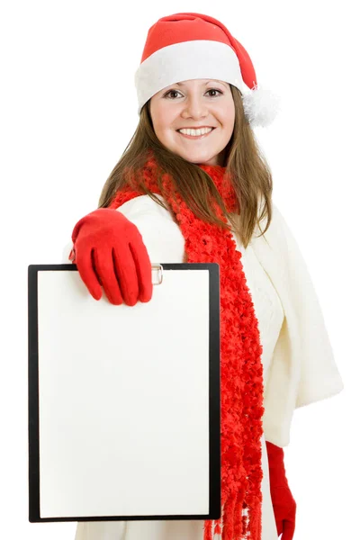 Zadowolony Boże Narodzenie kobieta z tabletem w dłoni na tle. — Zdjęcie stockowe