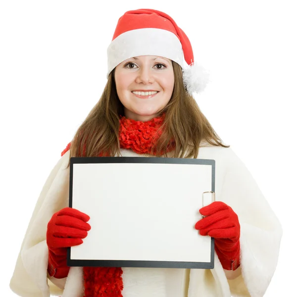 Ευτυχισμένη γυναίκα Χριστούγεννα με δισκίο στο χέρι, σε λευκό φόντο. — Φωτογραφία Αρχείου