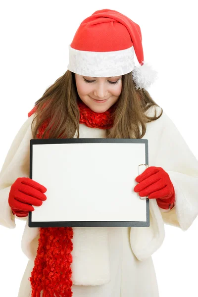 Gelukkig Kerstmis vrouw met tablet in hand op witte achtergrond. — Stockfoto