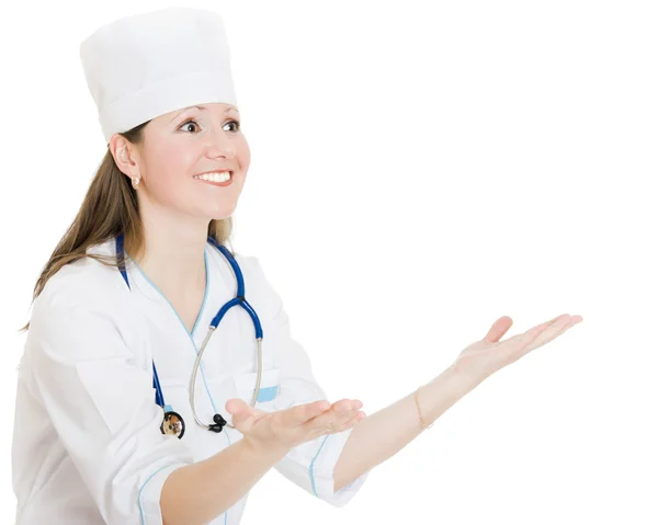 Ärztin zeigt seine Hand auf weißem Hintergrund. — Stockfoto