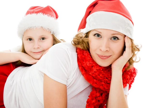 快乐圣诞母亲和女儿在白色背景上. — 图库照片