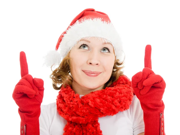 Joyeux Noël femme pointe un doigt vers le haut sur un fond blanc . — Photo