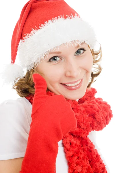 Ευτυχισμένη γυναίκα Χριστούγεννα βαθμοί ένα δάχτυλο προς τα πάνω σε λευκό φόντο. — Φωτογραφία Αρχείου
