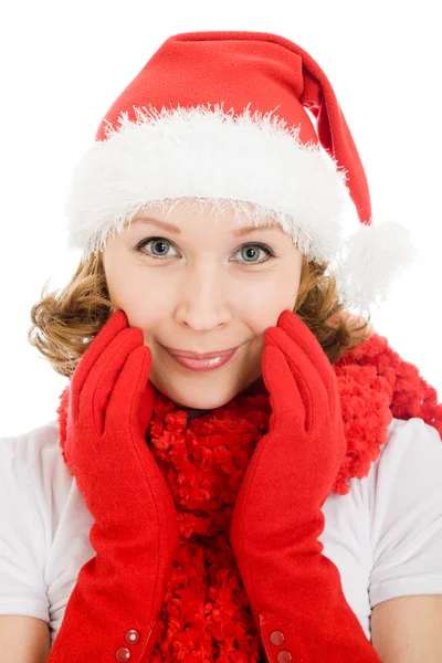 Ευτυχισμένη γυναίκα Χριστούγεννα σε λευκό φόντο. — Φωτογραφία Αρχείου