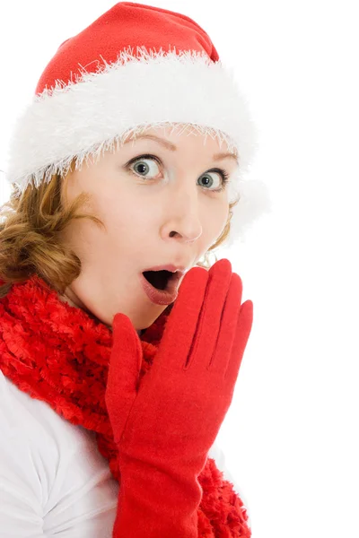 Surprised Christmas woman on a white background. — Stock Photo, Image