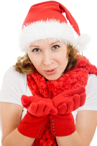 Joulu lähettää naiselle suukon valkoisella taustalla . — kuvapankkivalokuva