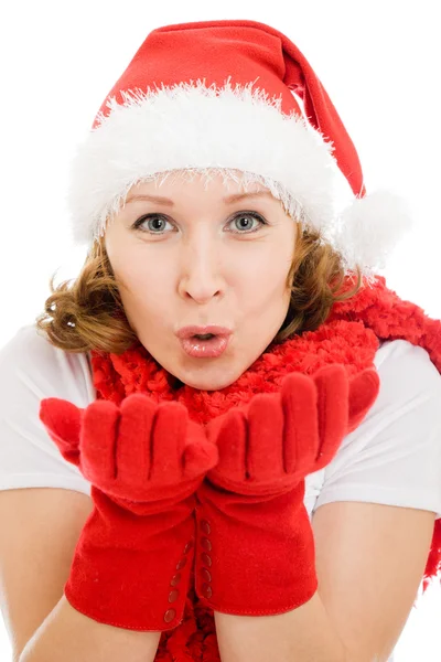 Christmas sends a woman a kiss on a white background. — Stock Photo, Image