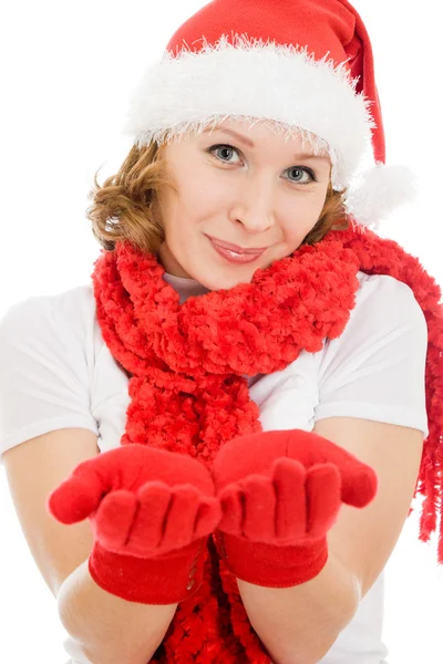 Ευτυχισμένη γυναίκα Χριστούγεννα που δείχνει τις παλάμες σε λευκό φόντο. — Φωτογραφία Αρχείου