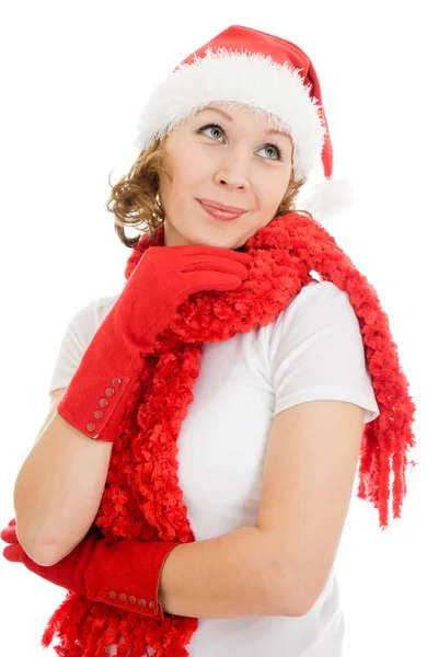 Beyaz arka plan üzerinde özlemle bakarken mutlu Noel kadın. — Stok fotoğraf