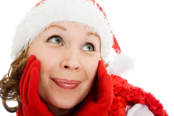 Frohe Weihnachten Frau wehmütig Blick nach oben auf weißem Hintergrund. — Stockfoto