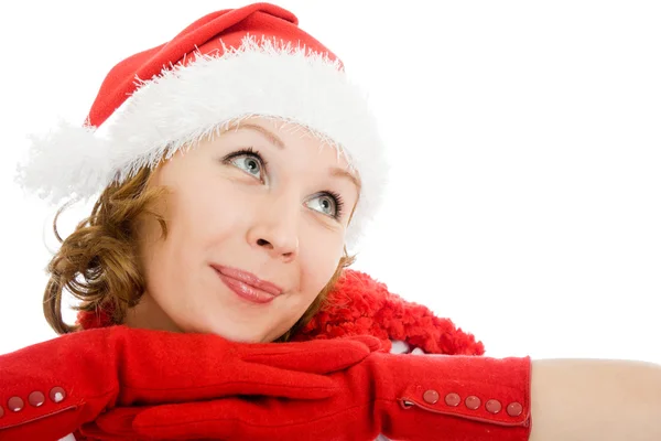 Zadowolony Boże Narodzenie kobieta tęsknie patrząc na białym tle. — Zdjęcie stockowe