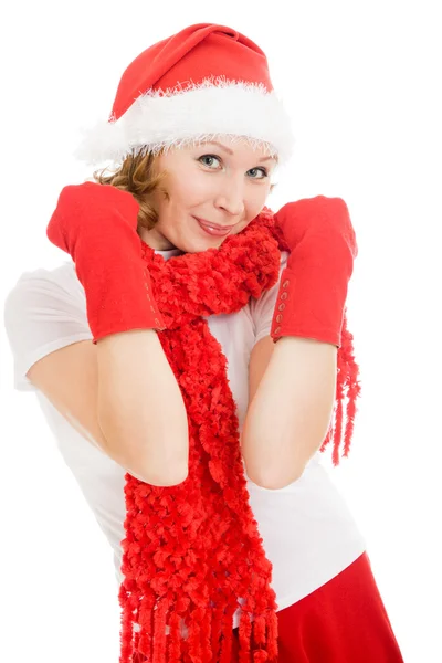 Feliz Navidad mujer comprime sus puños sobre un fondo blanco . —  Fotos de Stock