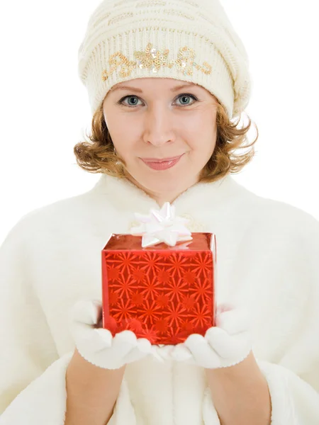 Mulher com presentes de Natal em um fundo branco . — Fotografia de Stock