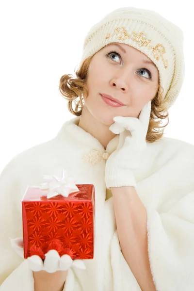 Kvinna med jul presenterar på en vit bakgrund. — Stockfoto