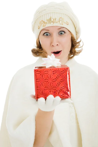 Kvinna med jul presenterar på en vit bakgrund. — Stockfoto