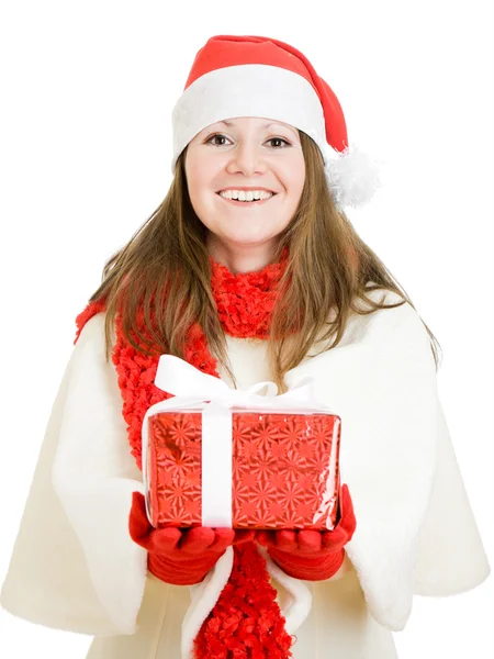 Γυναίκα με τα Χριστούγεννα παρουσιάζει σε λευκό φόντο. — Φωτογραφία Αρχείου