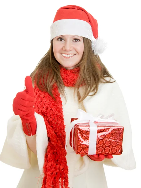Happy Christmas woman points a finger upward on a white background. — Stock Photo, Image