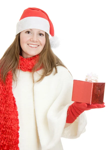 Kobieta z Boże Narodzenie prezenty na białym tle. — Zdjęcie stockowe