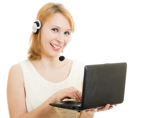 Mujer sorprendida operador con un ordenador portátil y auriculares . —  Fotos de Stock