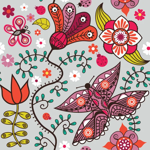 Textura sem costura com flores e borboletas. Interminável pa floral —  Vetores de Stock