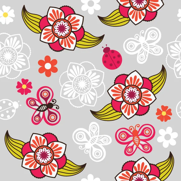 Textura sem costura com flores e borboletas. Interminável pa floral — Vetor de Stock