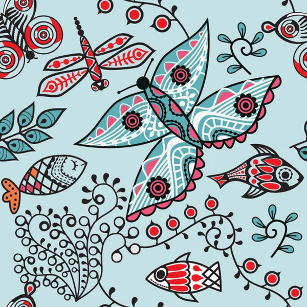 魚、蝶とのシームレスなテクスチャです。無限の花パット — ストックベクタ