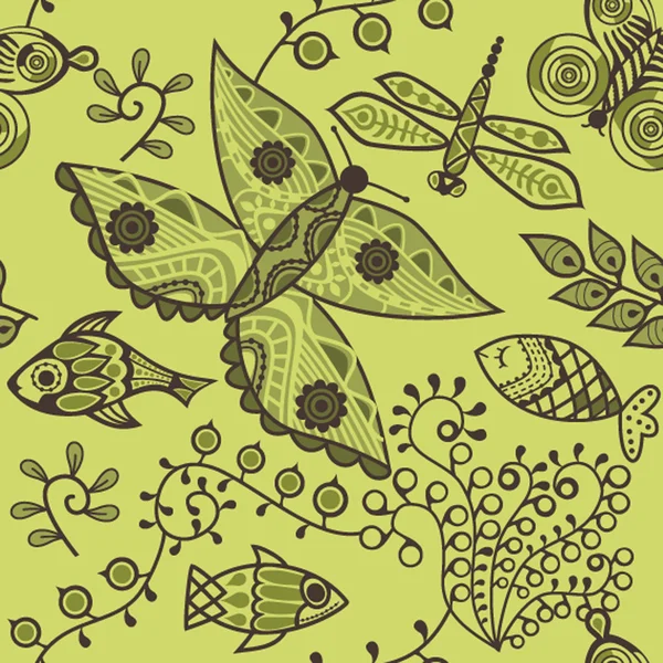 Бесшовная текстура с рыбами и бабочками. Бесконечное цветочное похлопывание — стоковый вектор