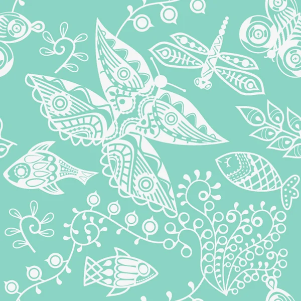Άνευ ραφής υφή με ψάρια και πεταλούδες. ατελείωτες floral pat — Διανυσματικό Αρχείο