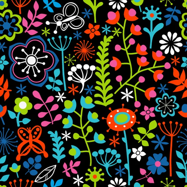 Λουλουδάτο μοτίβο άνευ ραφής, ατελείωτες υφή με φωτεινά γελοιογραφία flo — Διανυσματικό Αρχείο