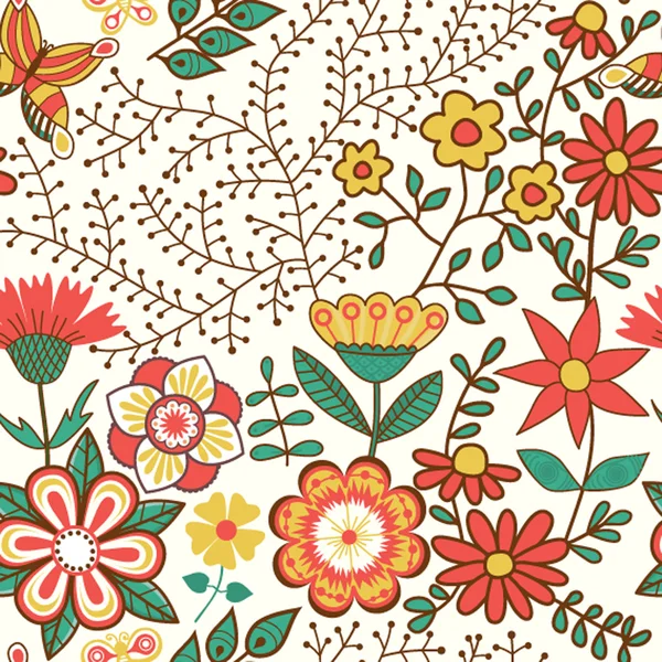 Sømløs tekstur med blomster og sommerfugler. Endeløs blomsterpai – stockvektor