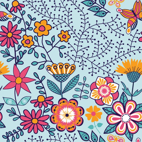 Άνευ ραφής υφή με λουλούδια και πεταλούδες. ατελείωτες floral pa — Διανυσματικό Αρχείο