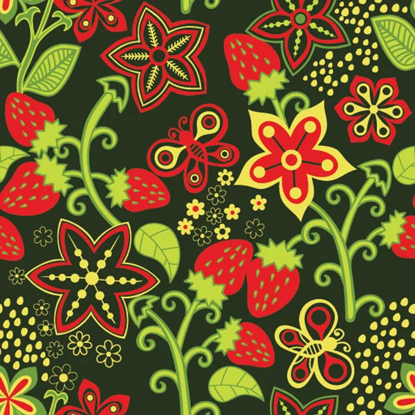 Texture florale sans couture avec une fraise, fond d'été sans fin — Image vectorielle