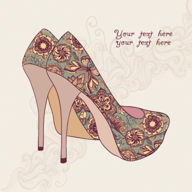 A high-heeled vintage shoes with flowers fabric. High heels back clipart