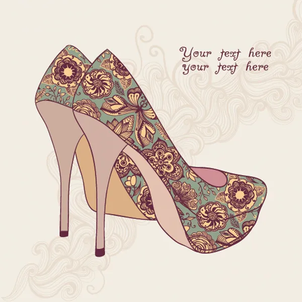 A high-heeled vintage shoes with flowers fabric. High heels back — Stock Vector