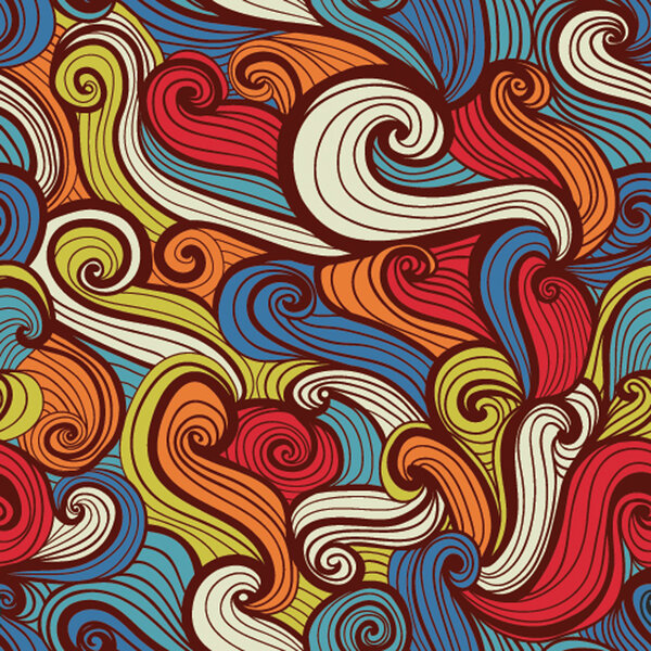 Colorful seamless abstract hand-drawn pattern, waves background